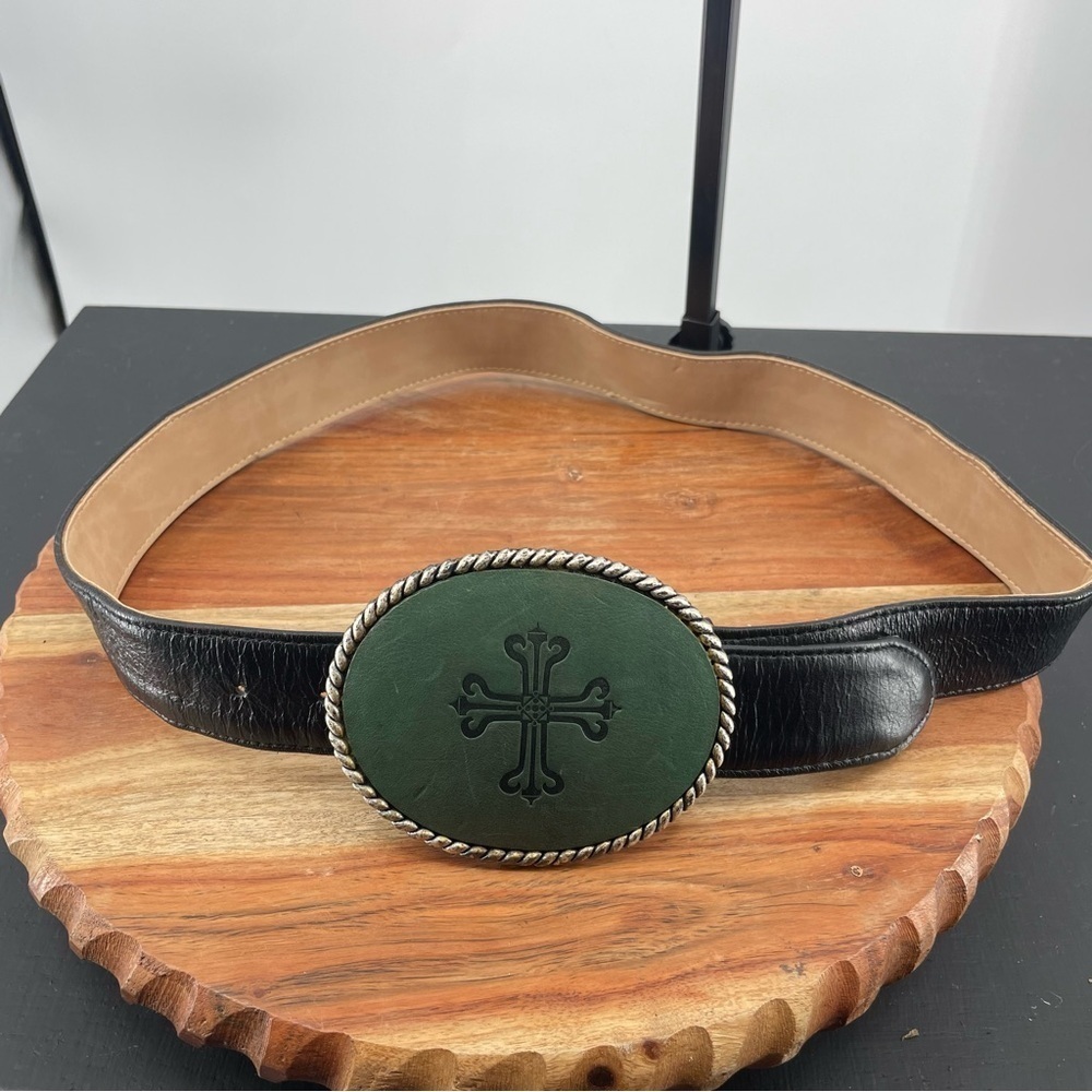Cheryl Dufault Rare Custom Artisan Leather Belt & Cross Buckle Cowgirl 32β green
